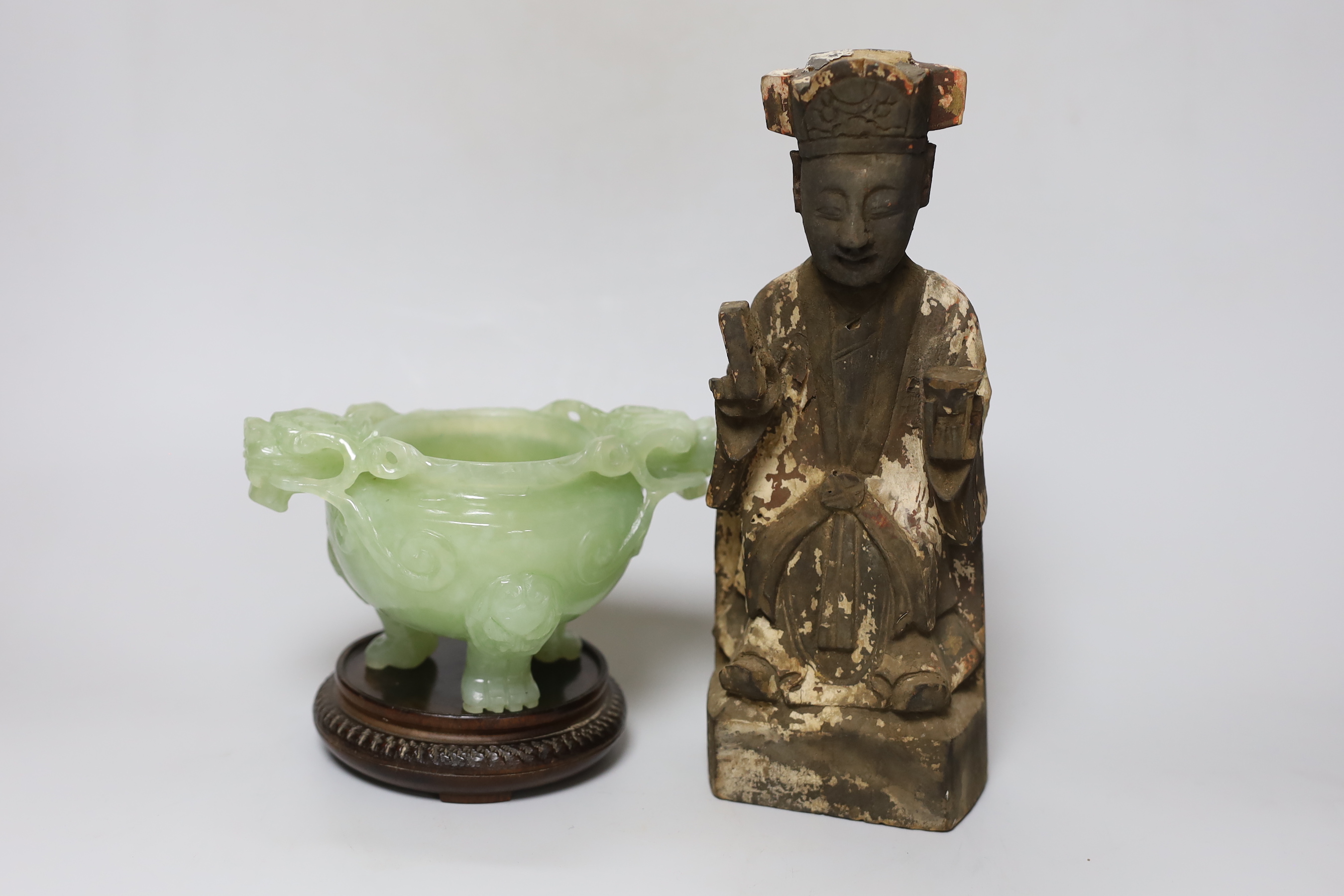 A Chinese bowenite jade censer, on stand and Chinese Qing carved and lacquered wood figure of a seated deity, 24cm